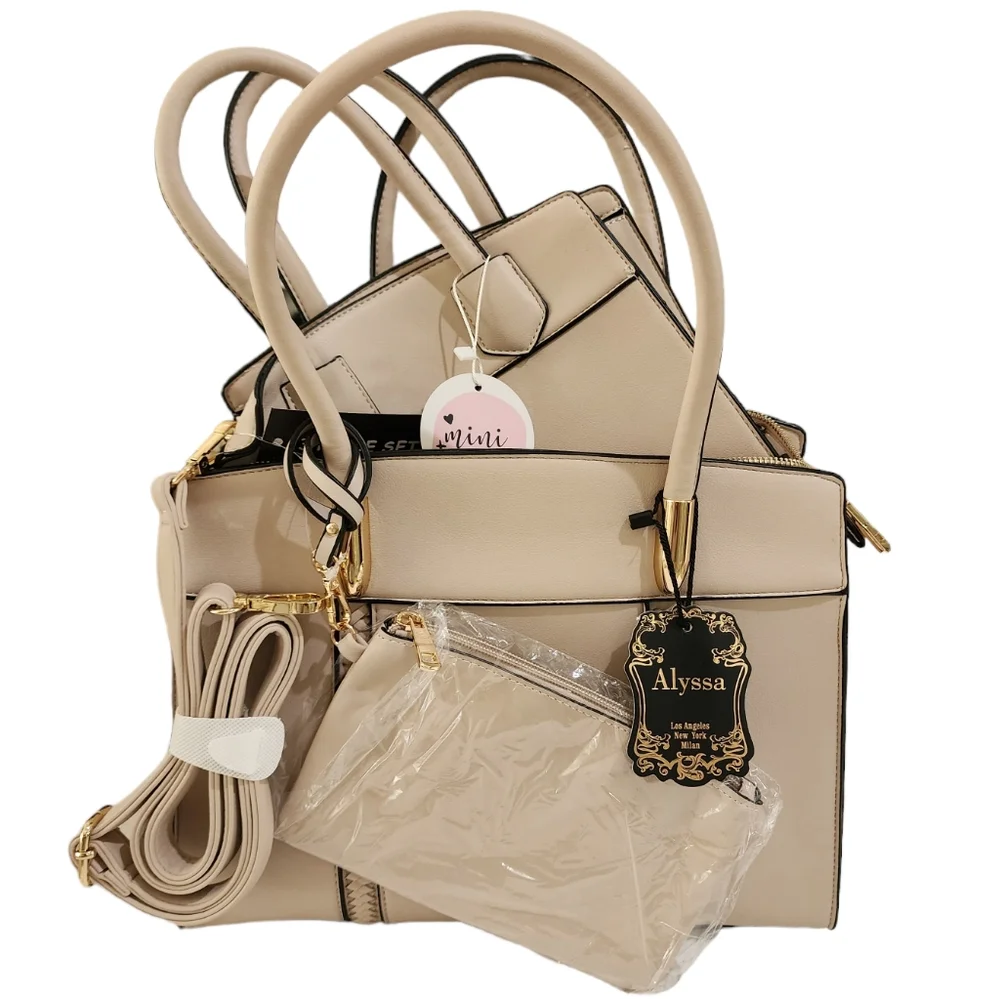Alyssa New 3-Piece Beige Tote Handbah Set - Shoulder Bag, Crossbody & Wristle
